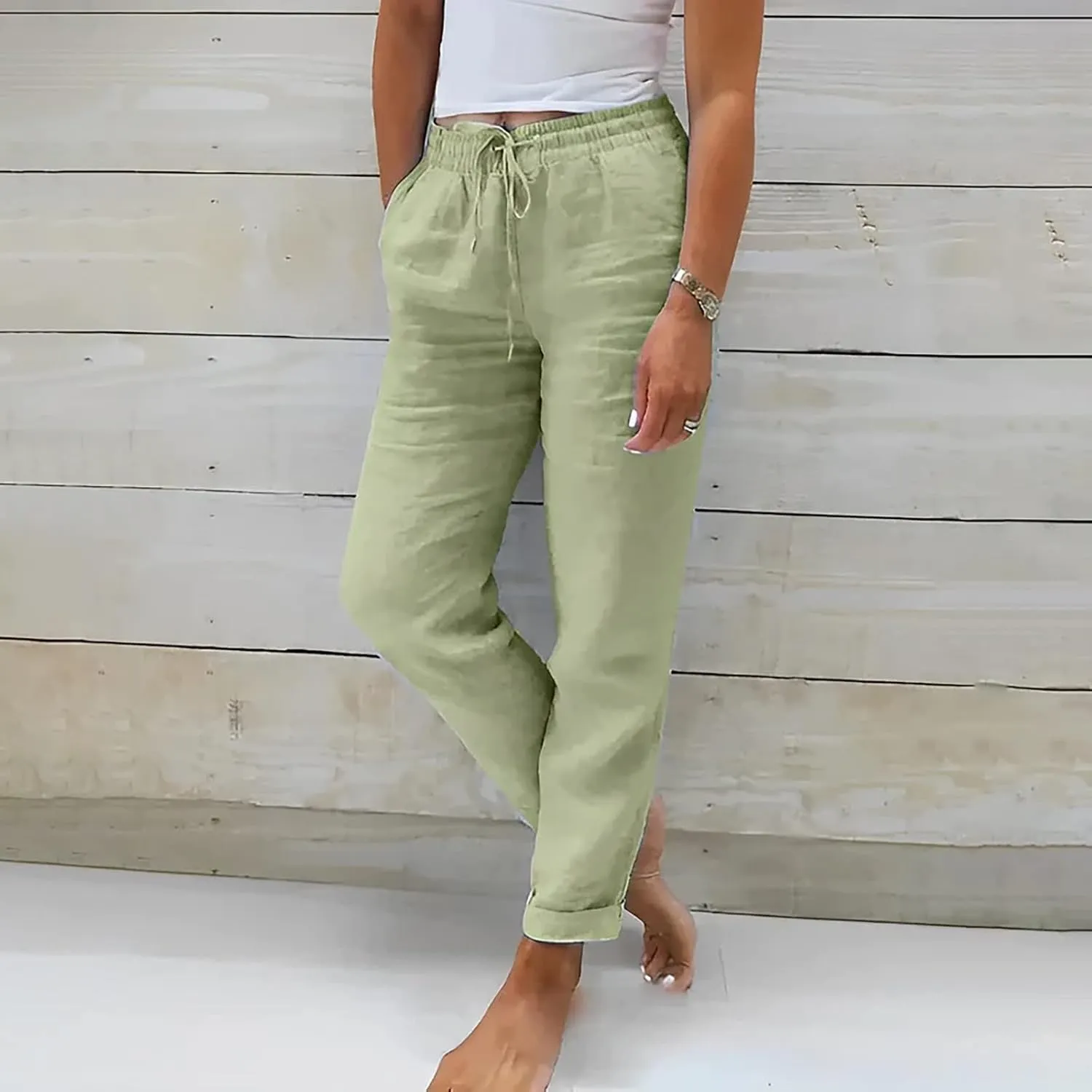 Womens Linen Pants High Waist Loose Fit Summer Straight Pants Drawstring Elastic Oversize Solid Color Casual Trouser
