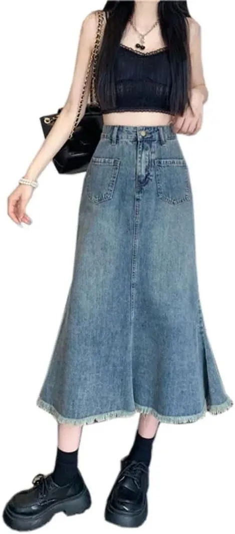 Women's Long Jeans High Waisted Fringe Denim Bag Skirt Retro Denim Skirt A-Line Loose Casual Skirt