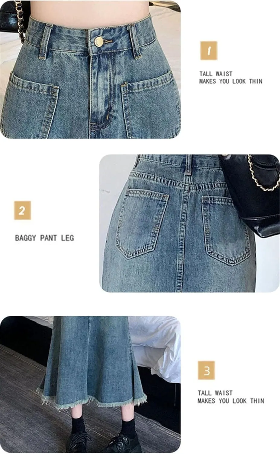 Women's Long Jeans High Waisted Fringe Denim Bag Skirt Retro Denim Skirt A-Line Loose Casual Skirt