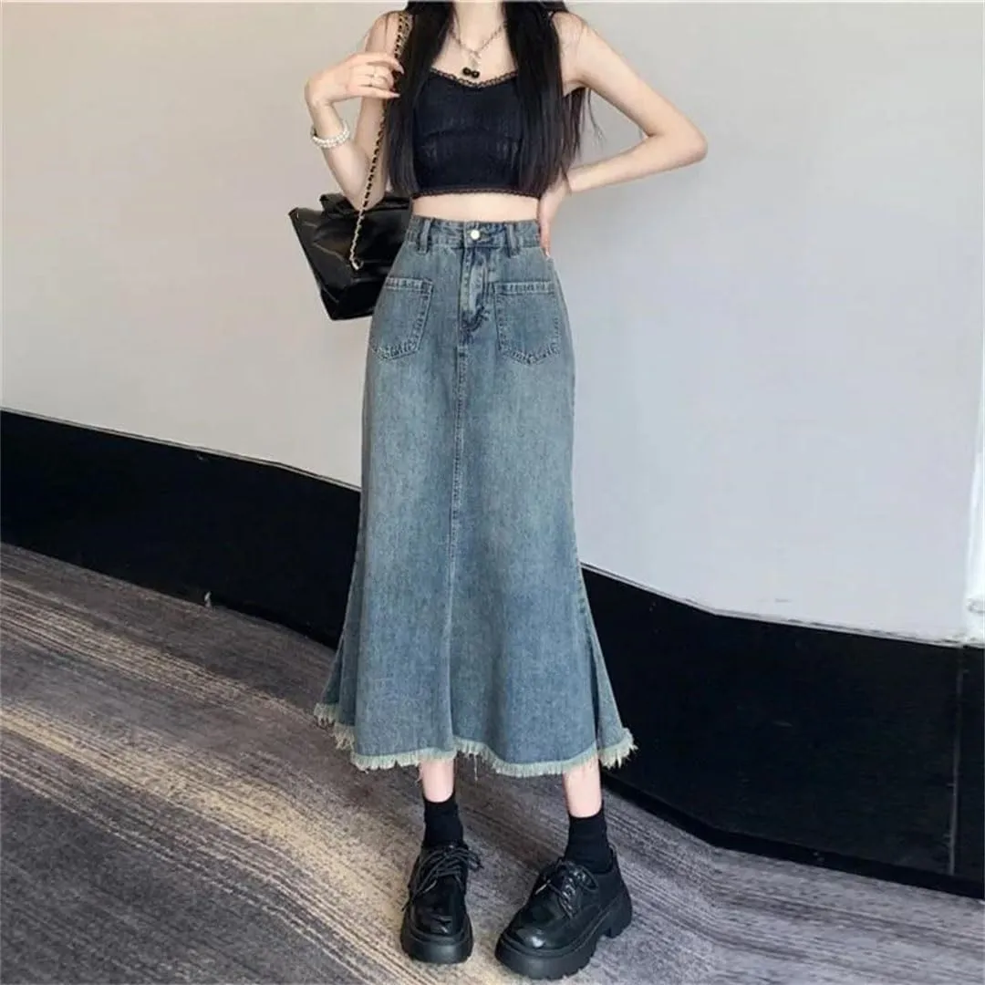 Women's Long Jeans High Waisted Fringe Denim Bag Skirt Retro Denim Skirt A-Line Loose Casual Skirt
