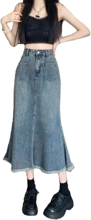Women's Long Jeans High Waisted Fringe Denim Bag Skirt Retro Denim Skirt A-Line Loose Casual Skirt
