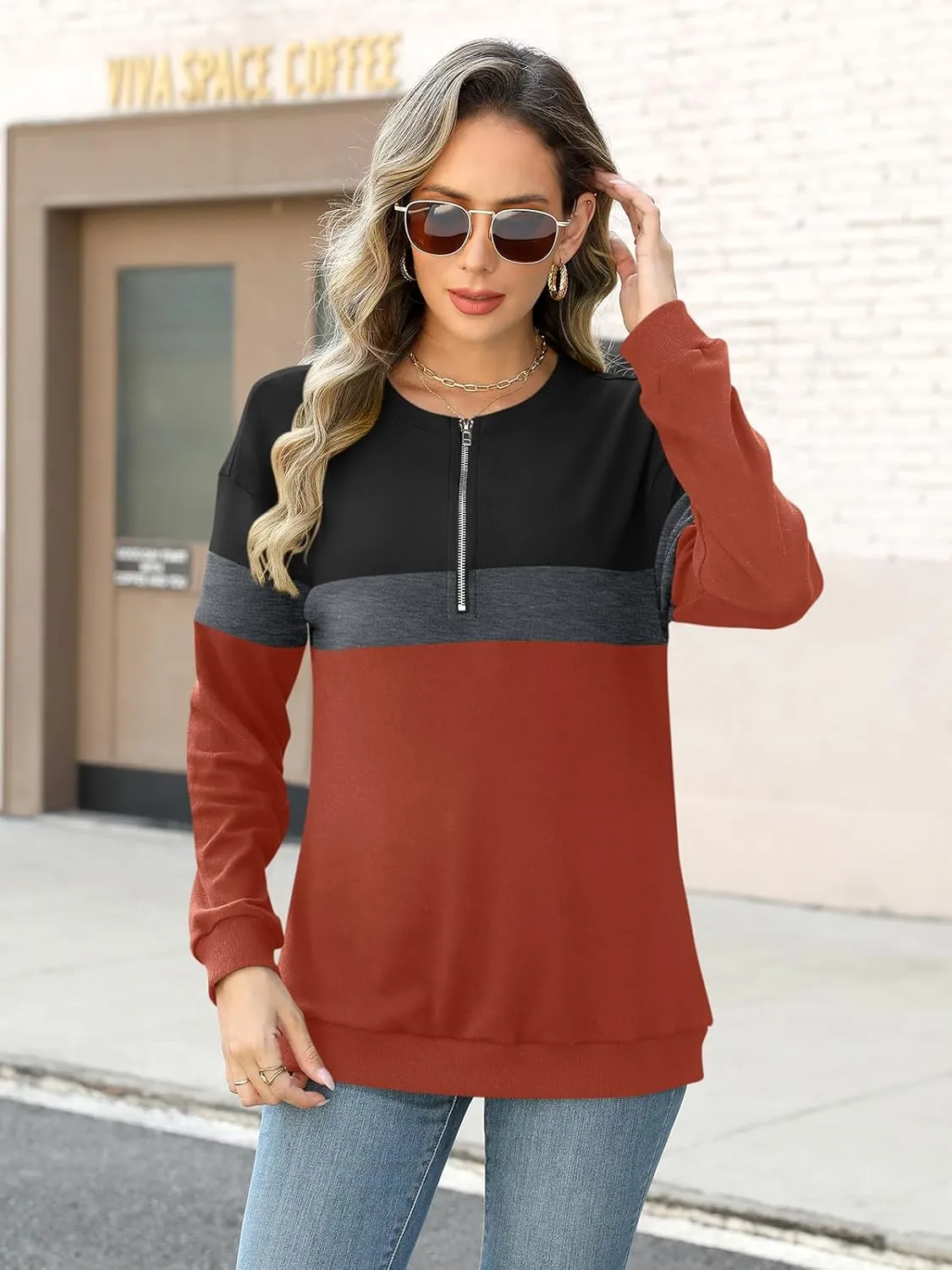 Womens Long Sleeve Shirts Half Zip Sweatshirts Quarter Zipper Fall Tops Pullover