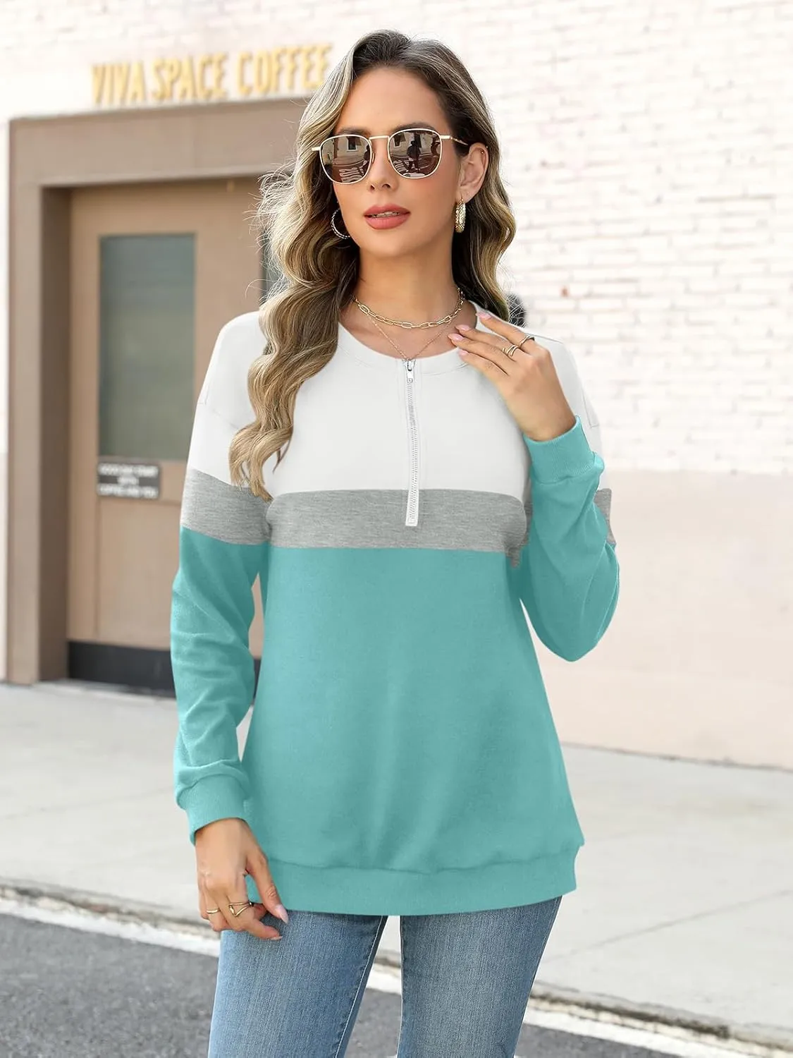 Womens Long Sleeve Shirts Half Zip Sweatshirts Quarter Zipper Fall Tops Pullover