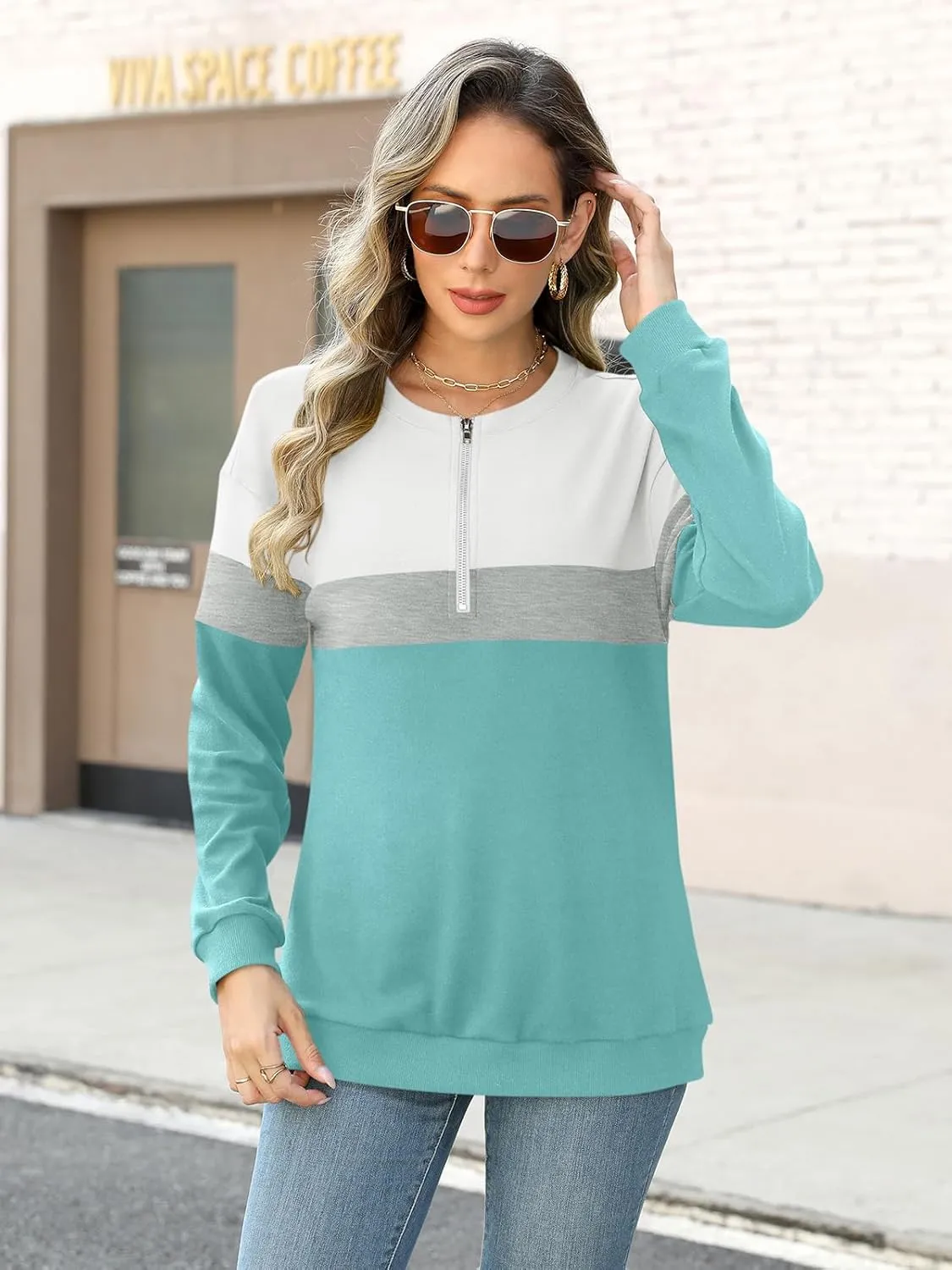 Womens Long Sleeve Shirts Half Zip Sweatshirts Quarter Zipper Fall Tops Pullover
