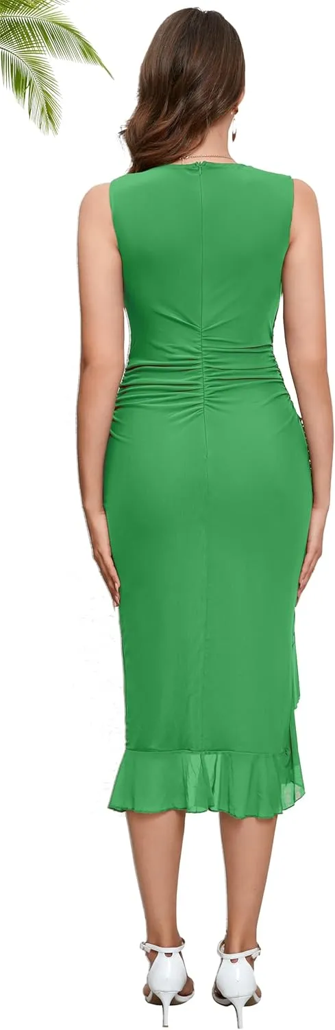 Women's Midi Bodycon Dress Summer Sleeveless Ruffle Mermaid Dress Cocktail Party Tank Dresses for Wedding Guest