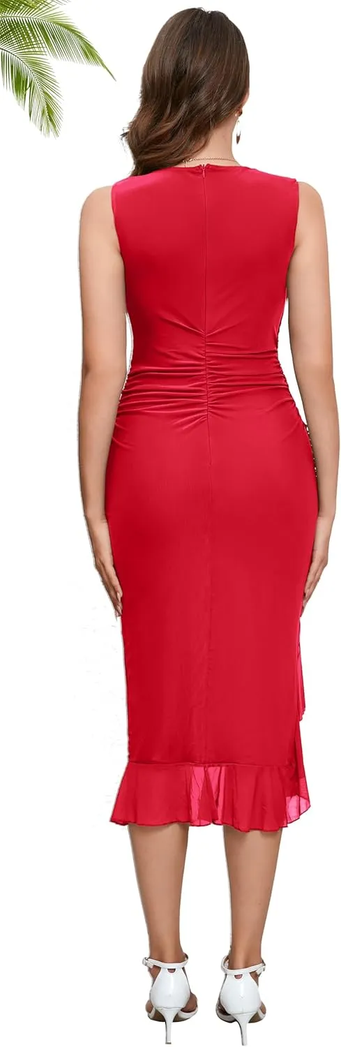 Women's Midi Bodycon Dress Summer Sleeveless Ruffle Mermaid Dress Cocktail Party Tank Dresses for Wedding Guest