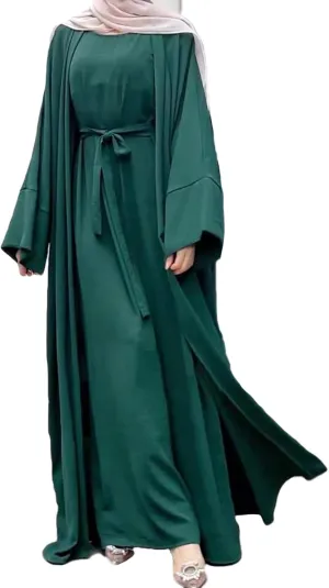 Womens Muslim Abaya Maxi Dress Solid Color Sleeveless Inner Long Cardigan Dress with Belt 2pcs Set