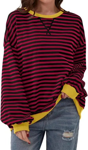 Womens Oversized Colorful Striped Hoodie Crewneck Long Sleeve Sweatshirt Pullover Casual Fashion Girl Tops Shirt(2-Dark Red,Large)
