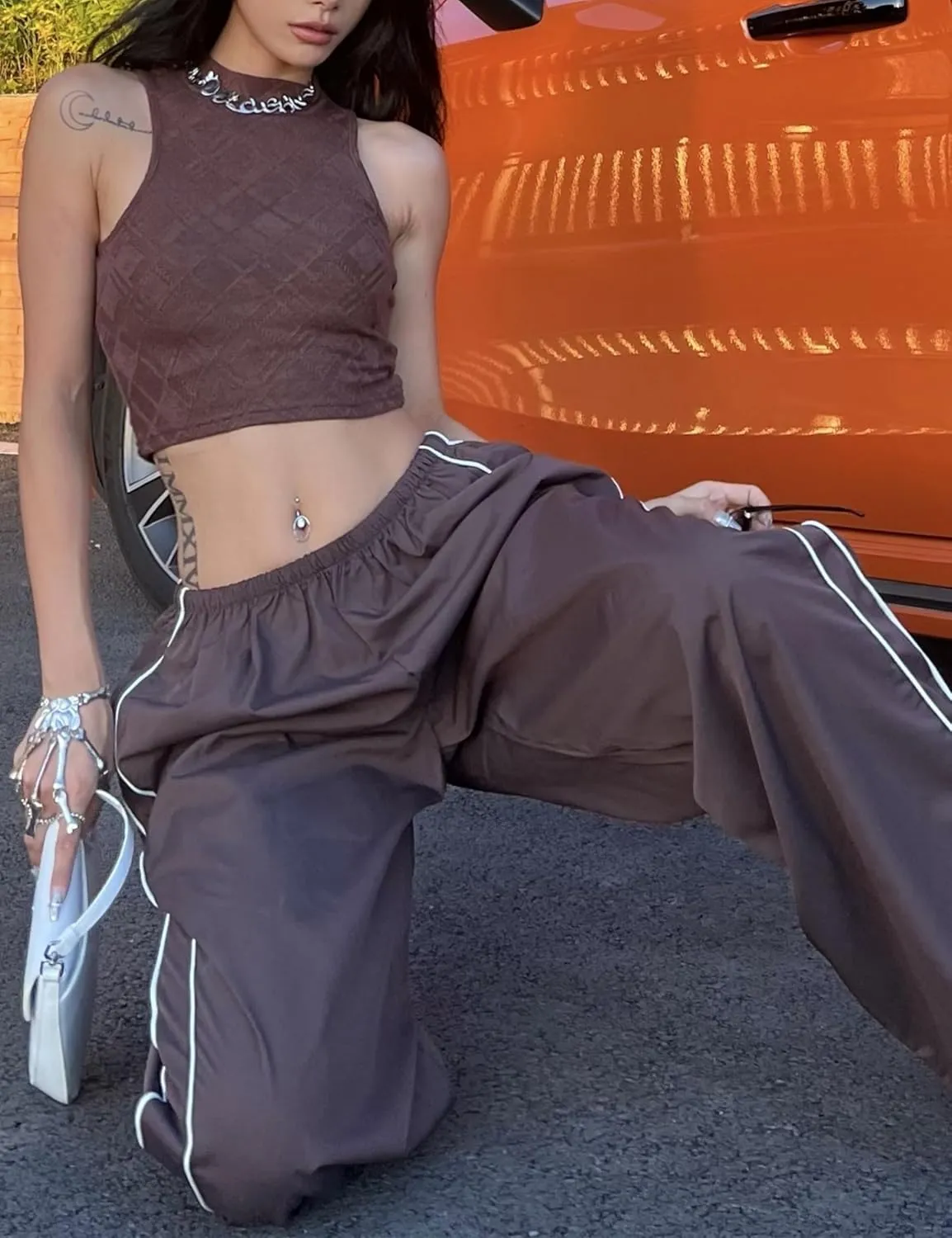 Womens Parachute Pants Y2k Baggy Wide Leg Track Pants Elastic Waist Jogger Sweatpants Hiking Pants Trousers 