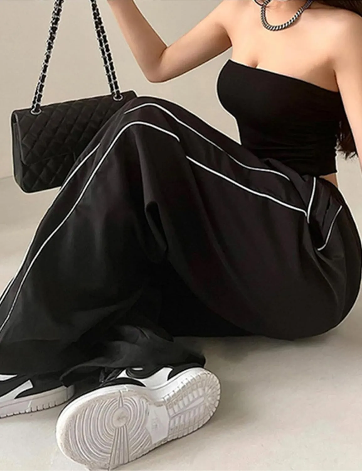 Womens Parachute Pants Y2k Baggy Wide Leg Track Pants Elastic Waist Jogger Sweatpants Hiking Pants Trousers 