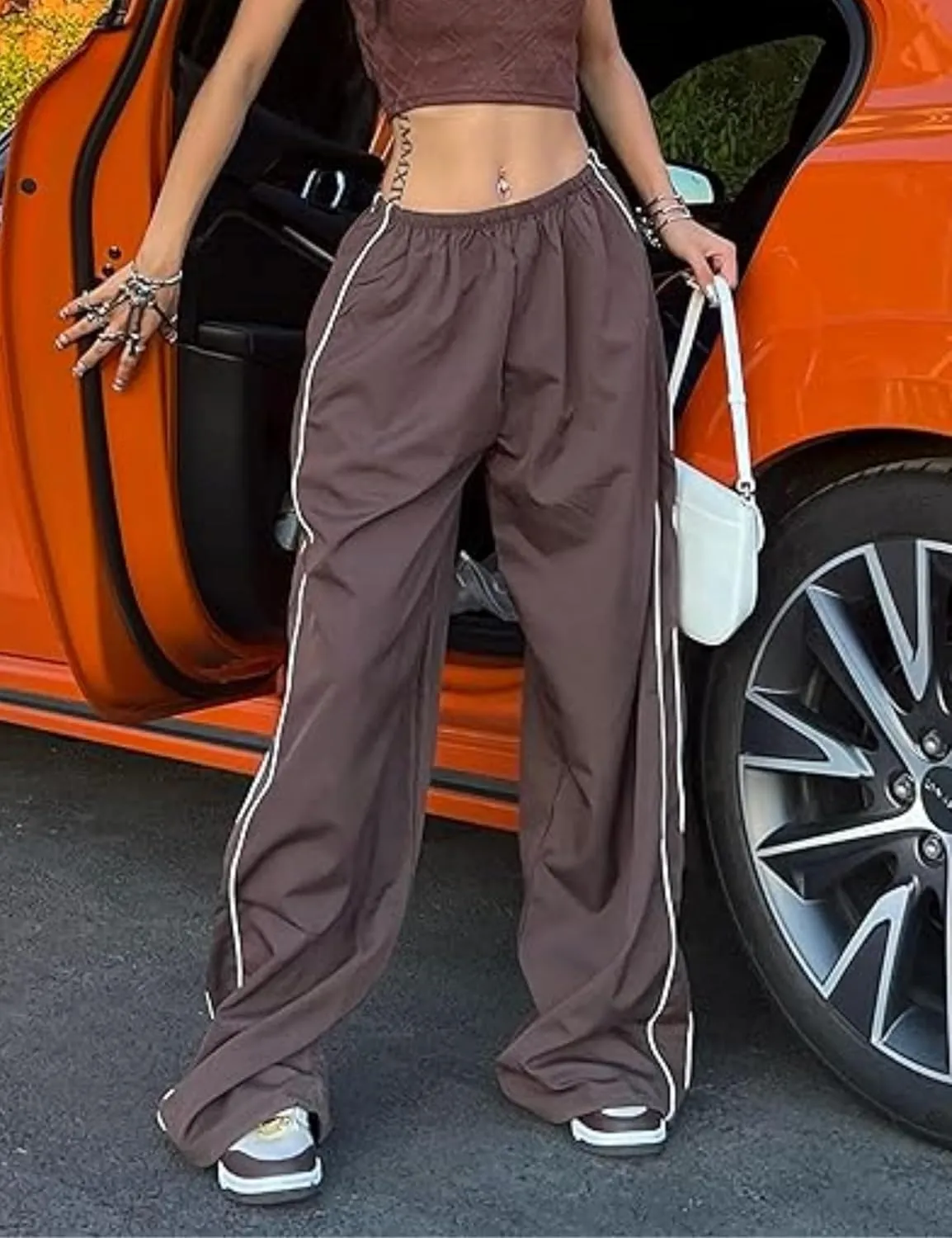 Womens Parachute Pants Y2k Baggy Wide Leg Track Pants Elastic Waist Jogger Sweatpants Hiking Pants Trousers 