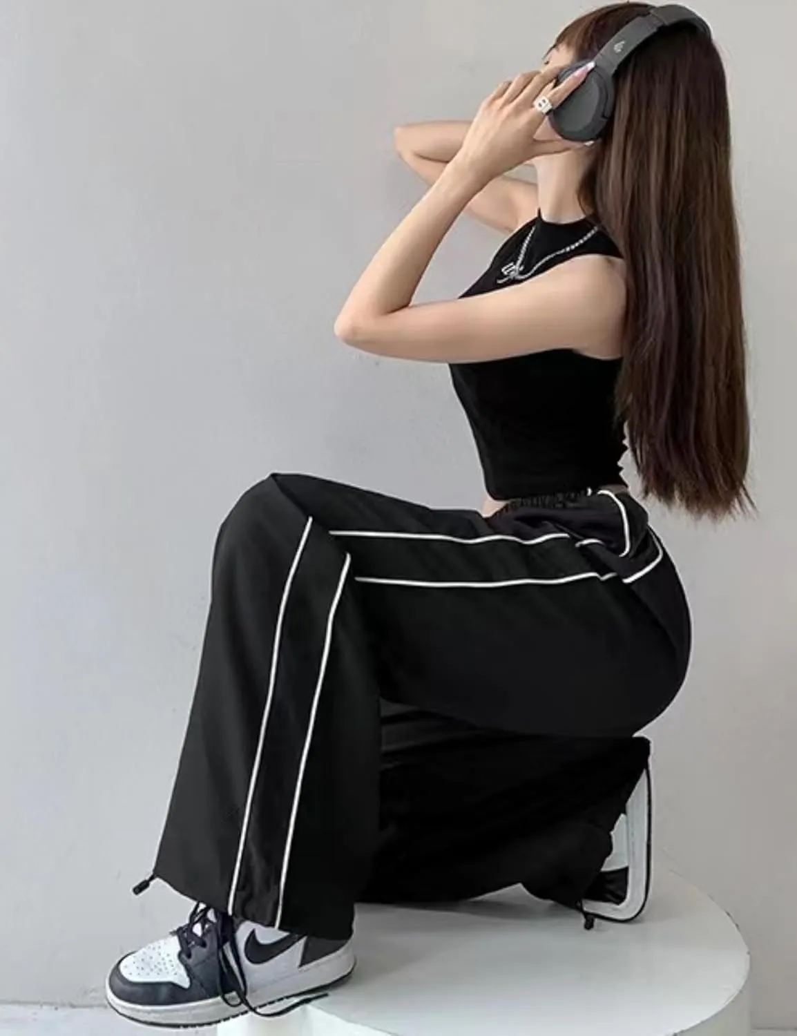 Womens Parachute Pants Y2k Baggy Wide Leg Track Pants Elastic Waist Jogger Sweatpants Hiking Pants Trousers 