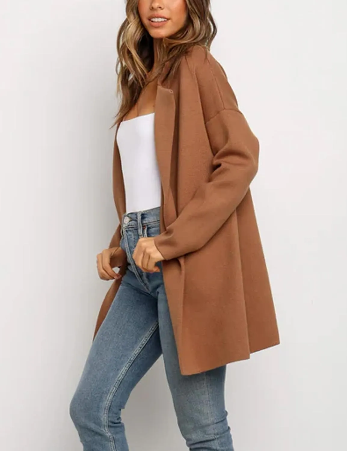 Womens Pea Coat Wool Open Front Solid Color Notch Lapel Mid Long Trench Blazer Overcoat