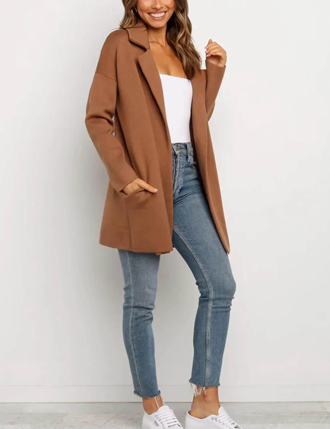 Womens Pea Coat Wool Open Front Solid Color Notch Lapel Mid Long Trench Blazer Overcoat
