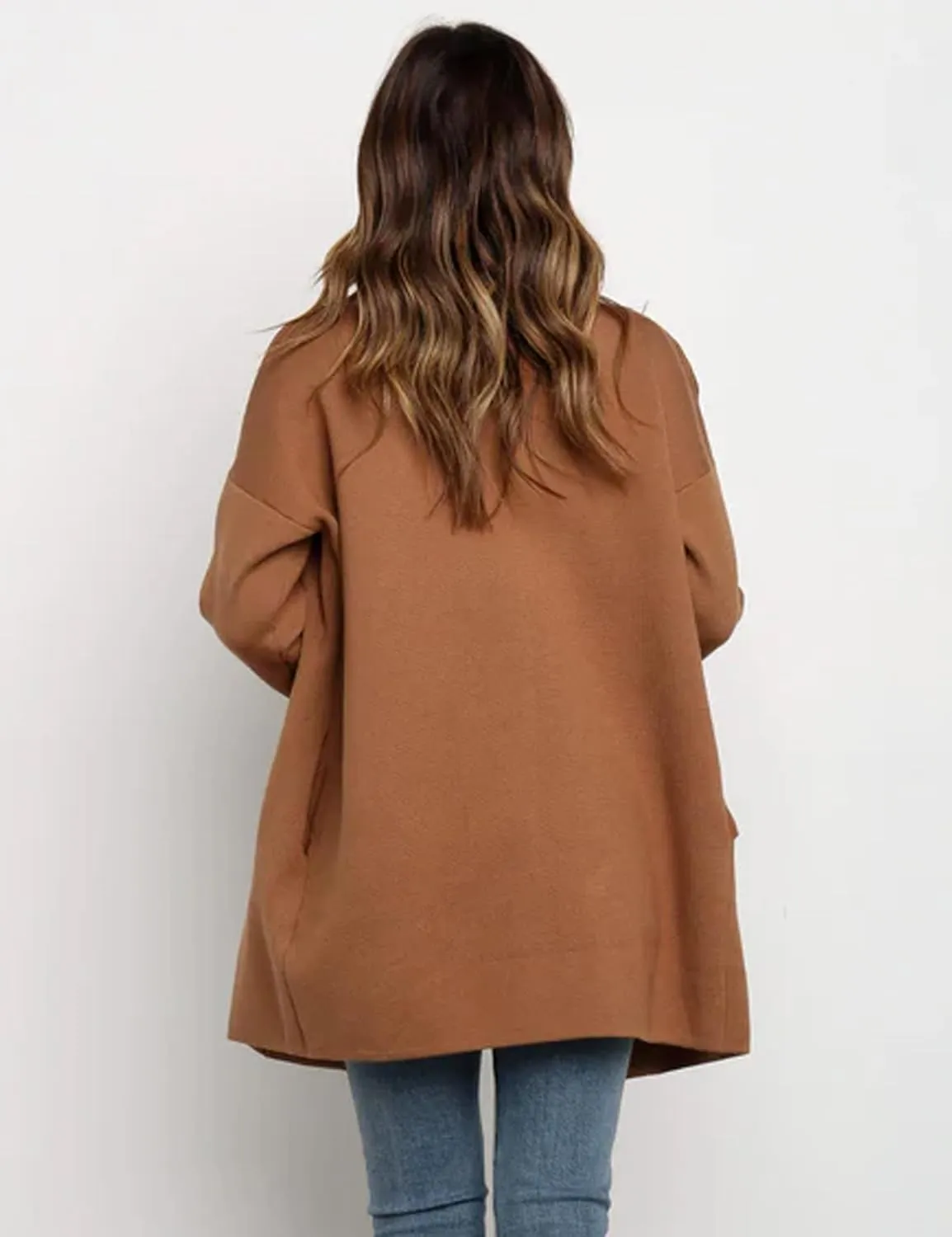 Womens Pea Coat Wool Open Front Solid Color Notch Lapel Mid Long Trench Blazer Overcoat