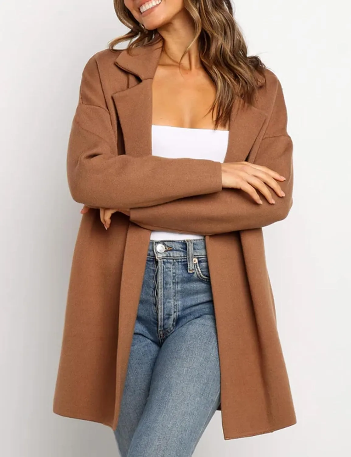 Womens Pea Coat Wool Open Front Solid Color Notch Lapel Mid Long Trench Blazer Overcoat