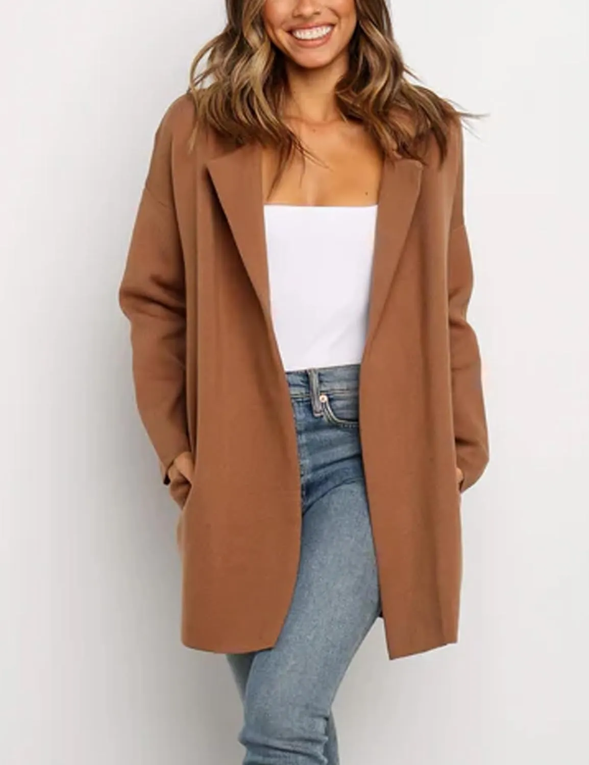 Womens Pea Coat Wool Open Front Solid Color Notch Lapel Mid Long Trench Blazer Overcoat