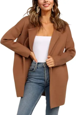 Womens Pea Coat Wool Open Front Solid Color Notch Lapel Mid Long Trench Blazer Overcoat