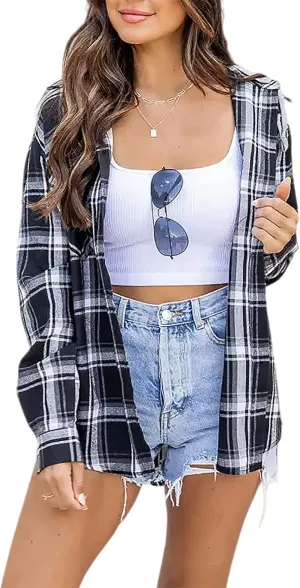 Women's Plaid Flannel Shirts Hoodie Long Sleeve Oversized Shirt Jacket Button Down Blouse Tops