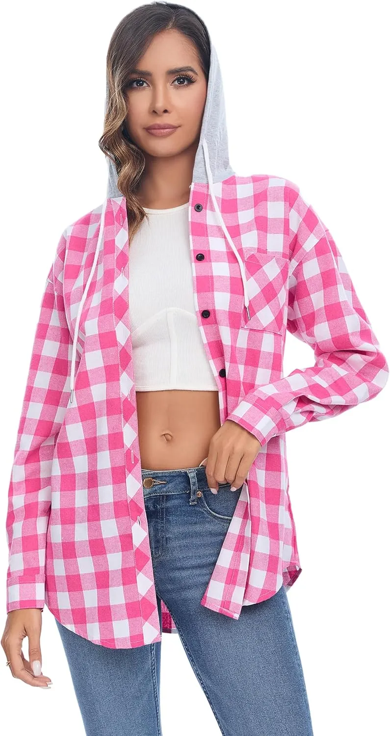 Women's Plaid Flannel Shirts Hoodie Long Sleeve Oversized Shirt Jacket Button Down Blouse Tops