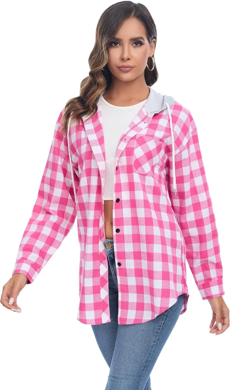 Women's Plaid Flannel Shirts Hoodie Long Sleeve Oversized Shirt Jacket Button Down Blouse Tops