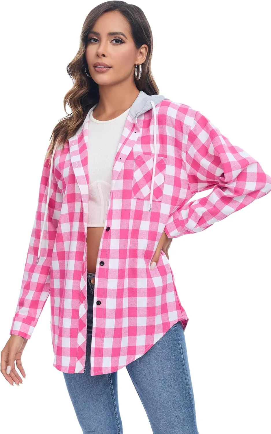 Women's Plaid Flannel Shirts Hoodie Long Sleeve Oversized Shirt Jacket Button Down Blouse Tops