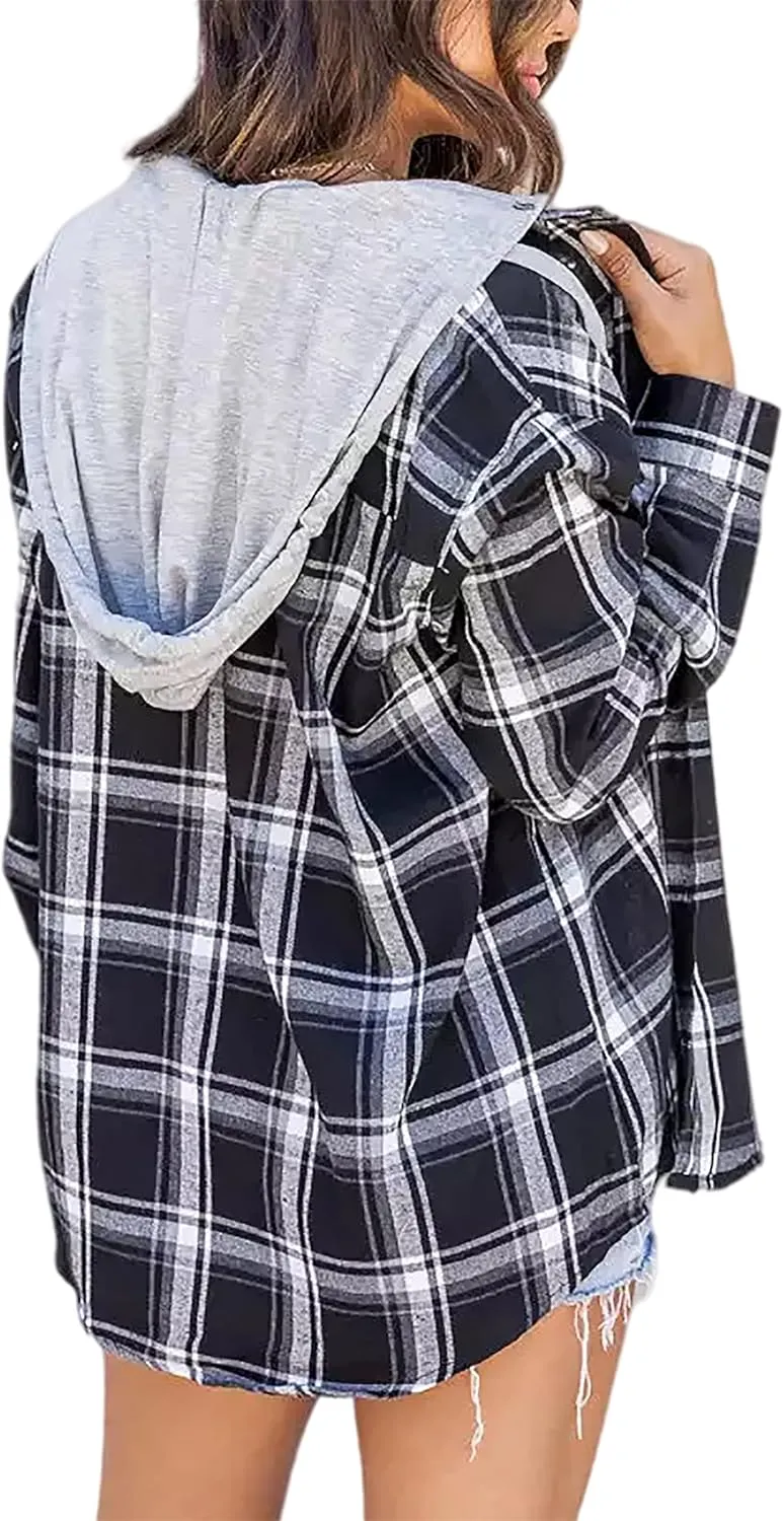 Women's Plaid Flannel Shirts Hoodie Long Sleeve Oversized Shirt Jacket Button Down Blouse Tops