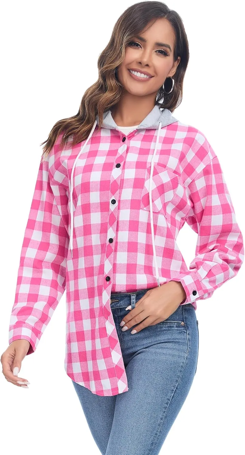 Women's Plaid Flannel Shirts Hoodie Long Sleeve Oversized Shirt Jacket Button Down Blouse Tops
