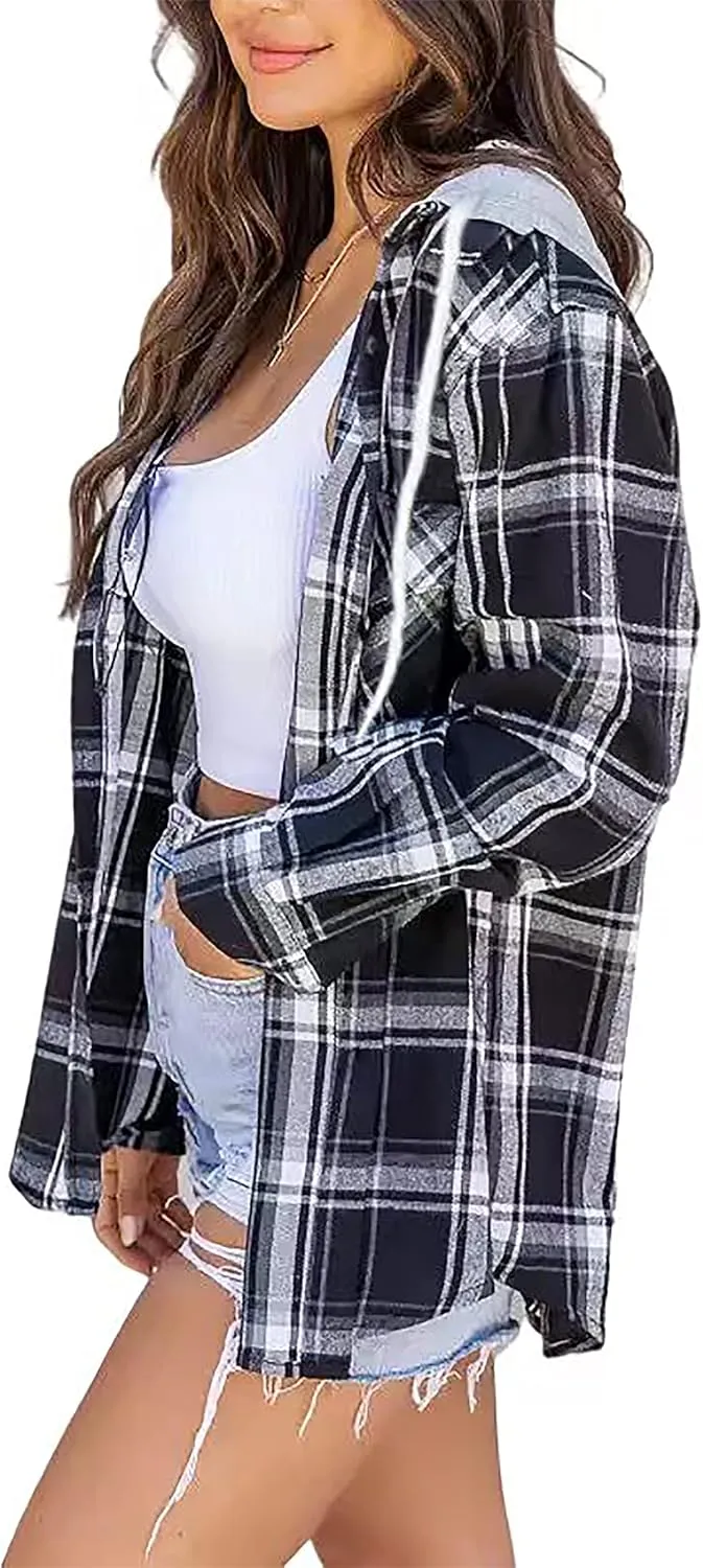 Women's Plaid Flannel Shirts Hoodie Long Sleeve Oversized Shirt Jacket Button Down Blouse Tops