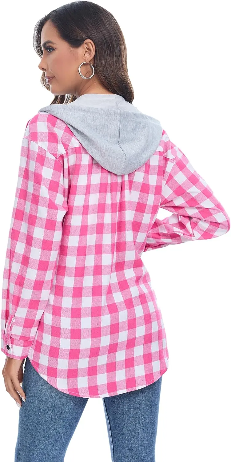 Women's Plaid Flannel Shirts Hoodie Long Sleeve Oversized Shirt Jacket Button Down Blouse Tops