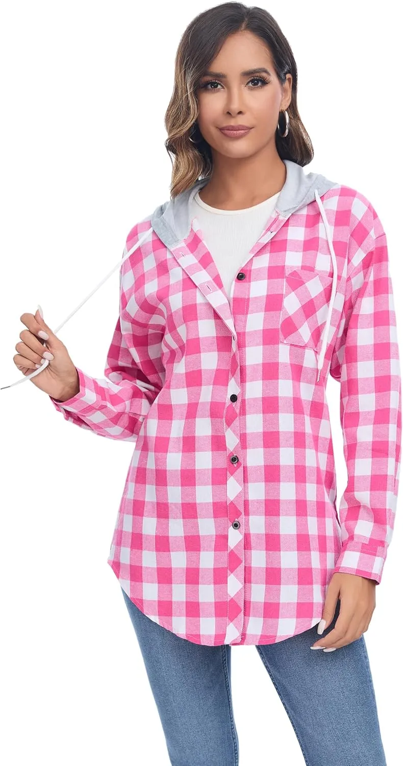 Women's Plaid Flannel Shirts Hoodie Long Sleeve Oversized Shirt Jacket Button Down Blouse Tops