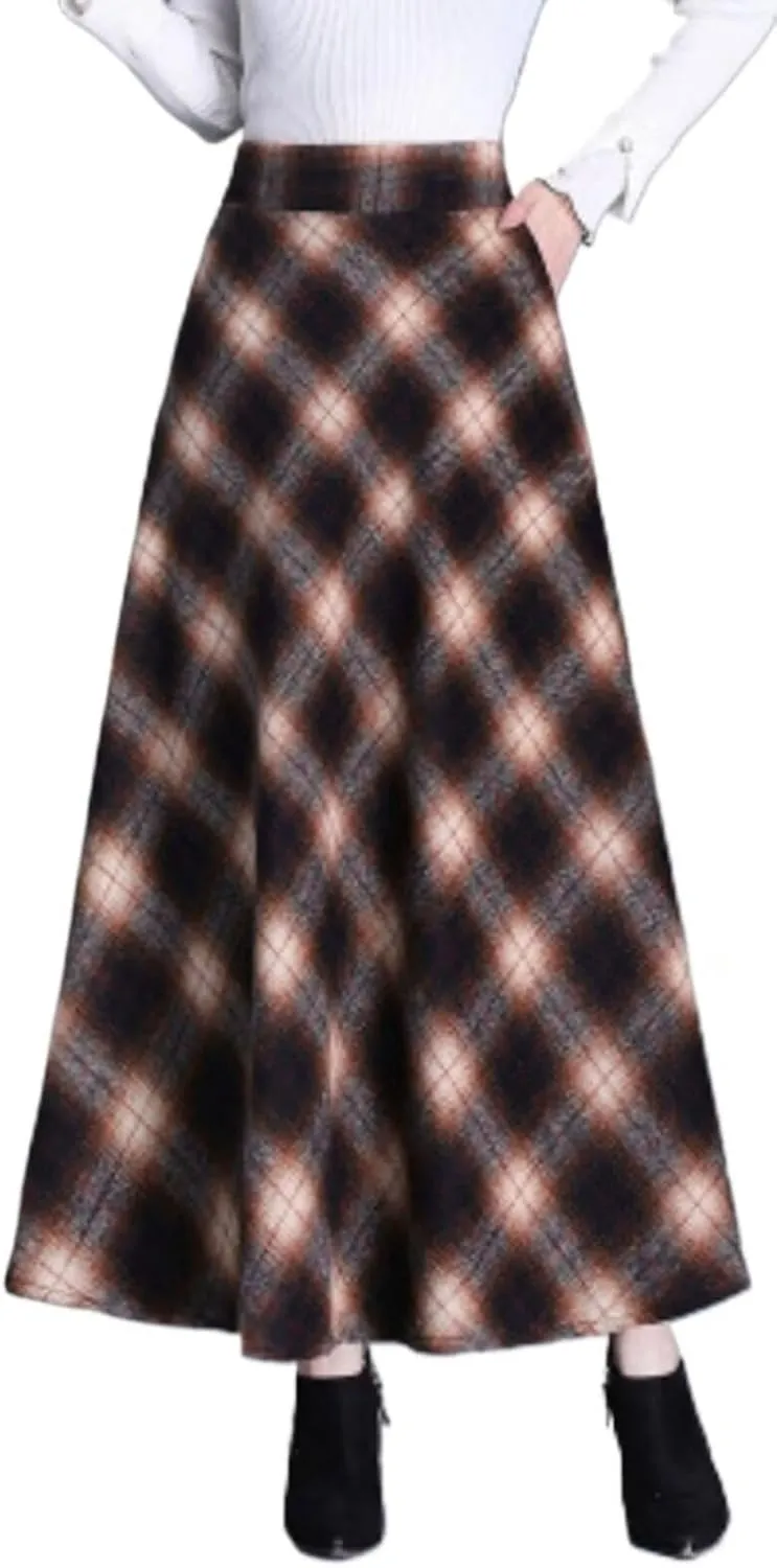 Womens Plaid Skirt Y2K Warm Elastic Waist Warm Striped Wool A-Line Pleated Elegant Winter Long Skirts