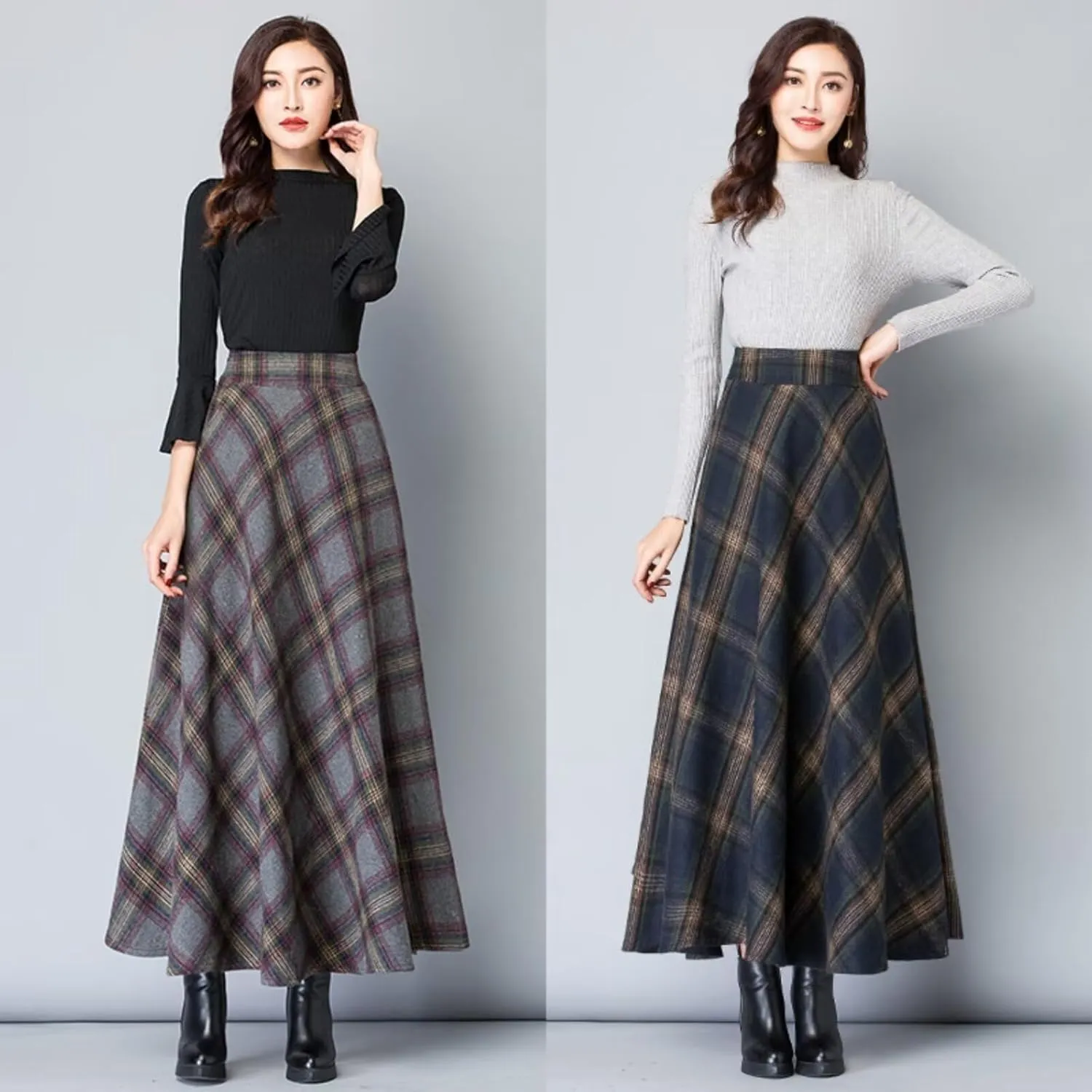 Womens Plaid Skirt Y2K Warm Elastic Waist Warm Striped Wool A-Line Pleated Elegant Winter Long Skirts