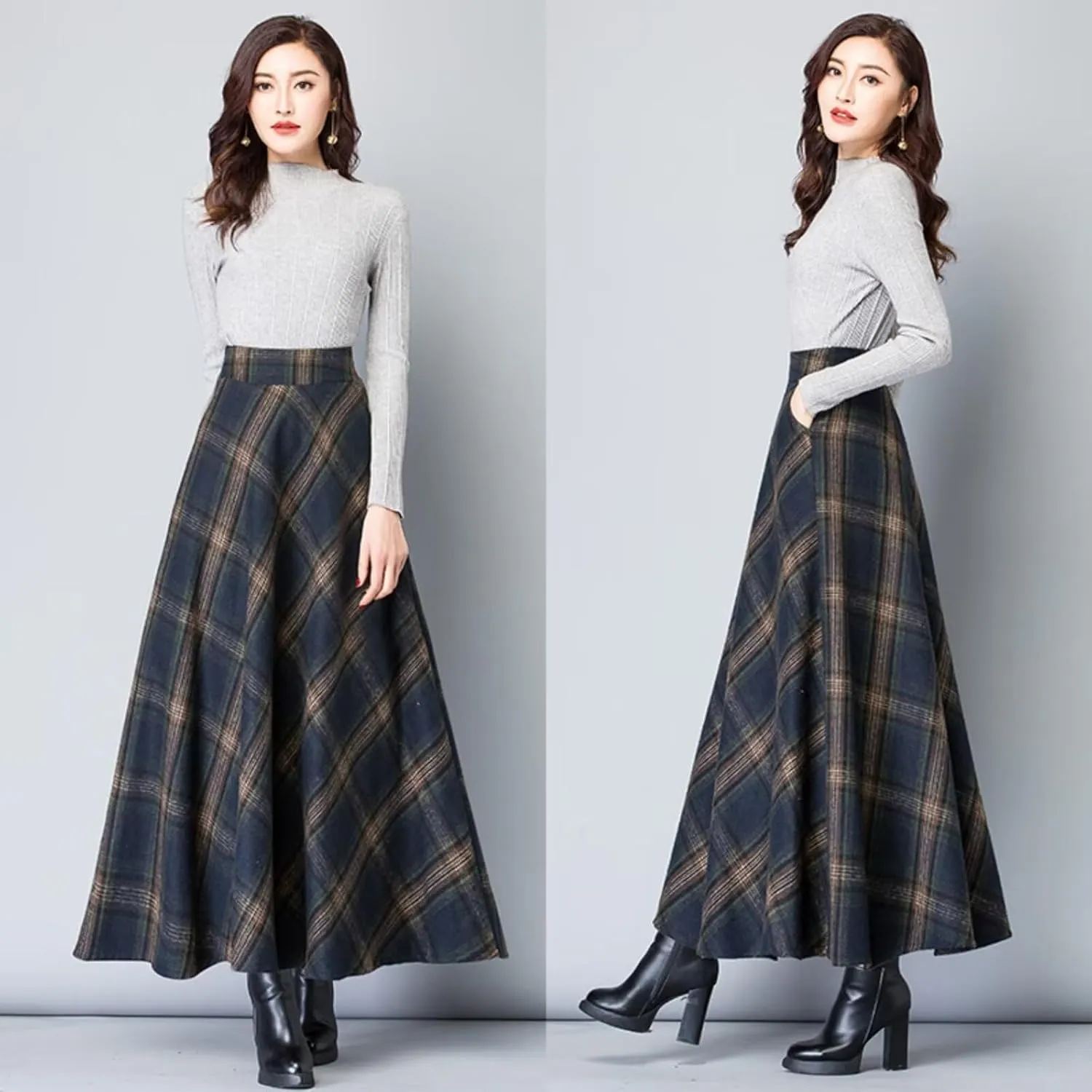 Womens Plaid Skirt Y2K Warm Elastic Waist Warm Striped Wool A-Line Pleated Elegant Winter Long Skirts