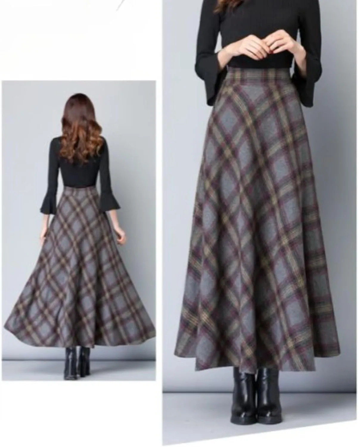 Womens Plaid Skirt Y2K Warm Elastic Waist Warm Striped Wool A-Line Pleated Elegant Winter Long Skirts
