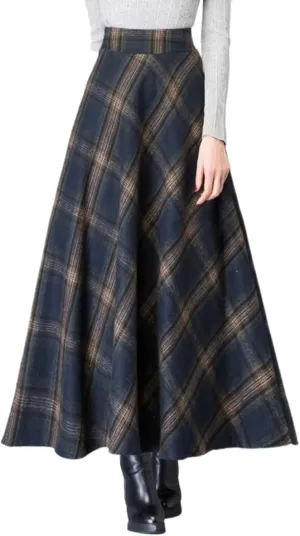 Womens Plaid Skirt Y2K Warm Elastic Waist Warm Striped Wool A-Line Pleated Elegant Winter Long Skirts