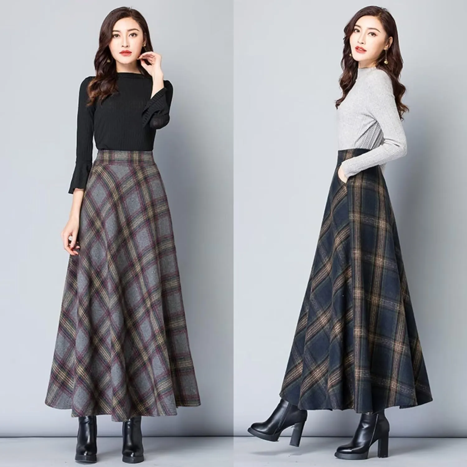 Womens Plaid Skirt Y2K Warm Elastic Waist Warm Striped Wool A-Line Pleated Elegant Winter Long Skirts