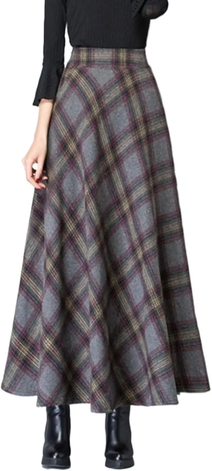 Womens Plaid Skirt Y2K Warm Elastic Waist Warm Striped Wool A-Line Pleated Elegant Winter Long Skirts