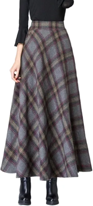 Womens Plaid Skirt Y2K Warm Elastic Waist Warm Striped Wool A-Line Pleated Elegant Winter Long Skirts