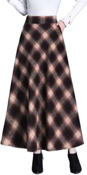 Womens Plaid Skirt Y2K Warm Elastic Waist Warm Striped Wool A-Line Pleated Elegant Winter Long Skirts