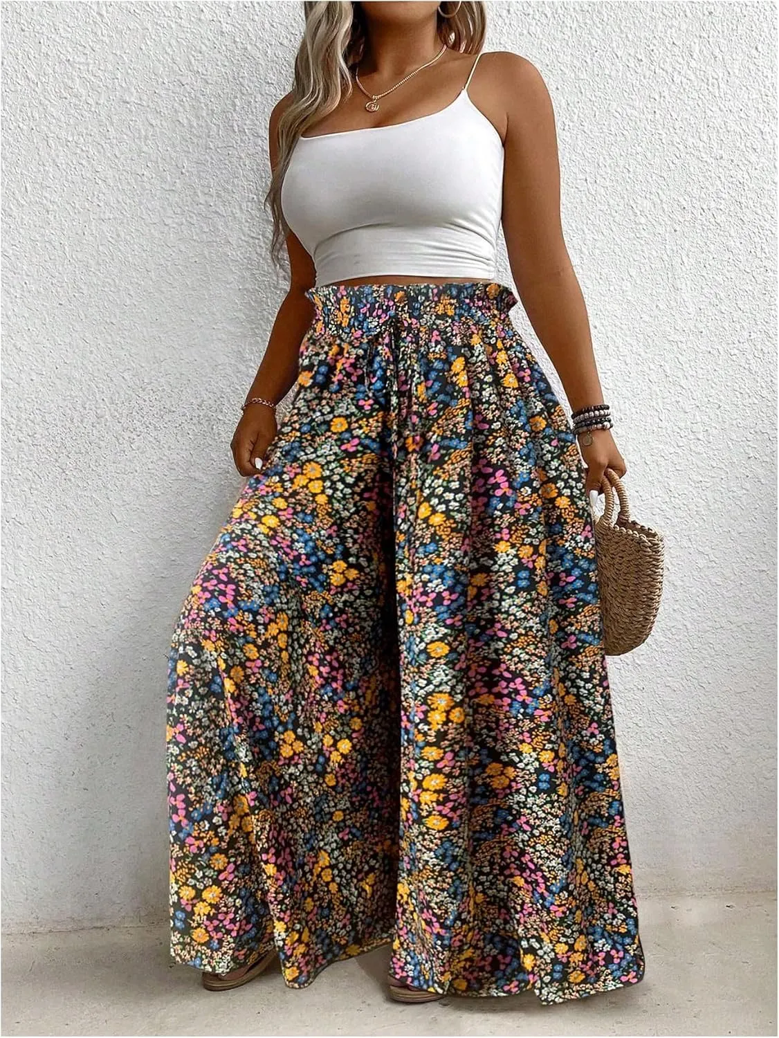 Women's Plus Size Floral Baggy Pants Boho Drawstring Wide Leg Flowy Vacation Palazzo Pants