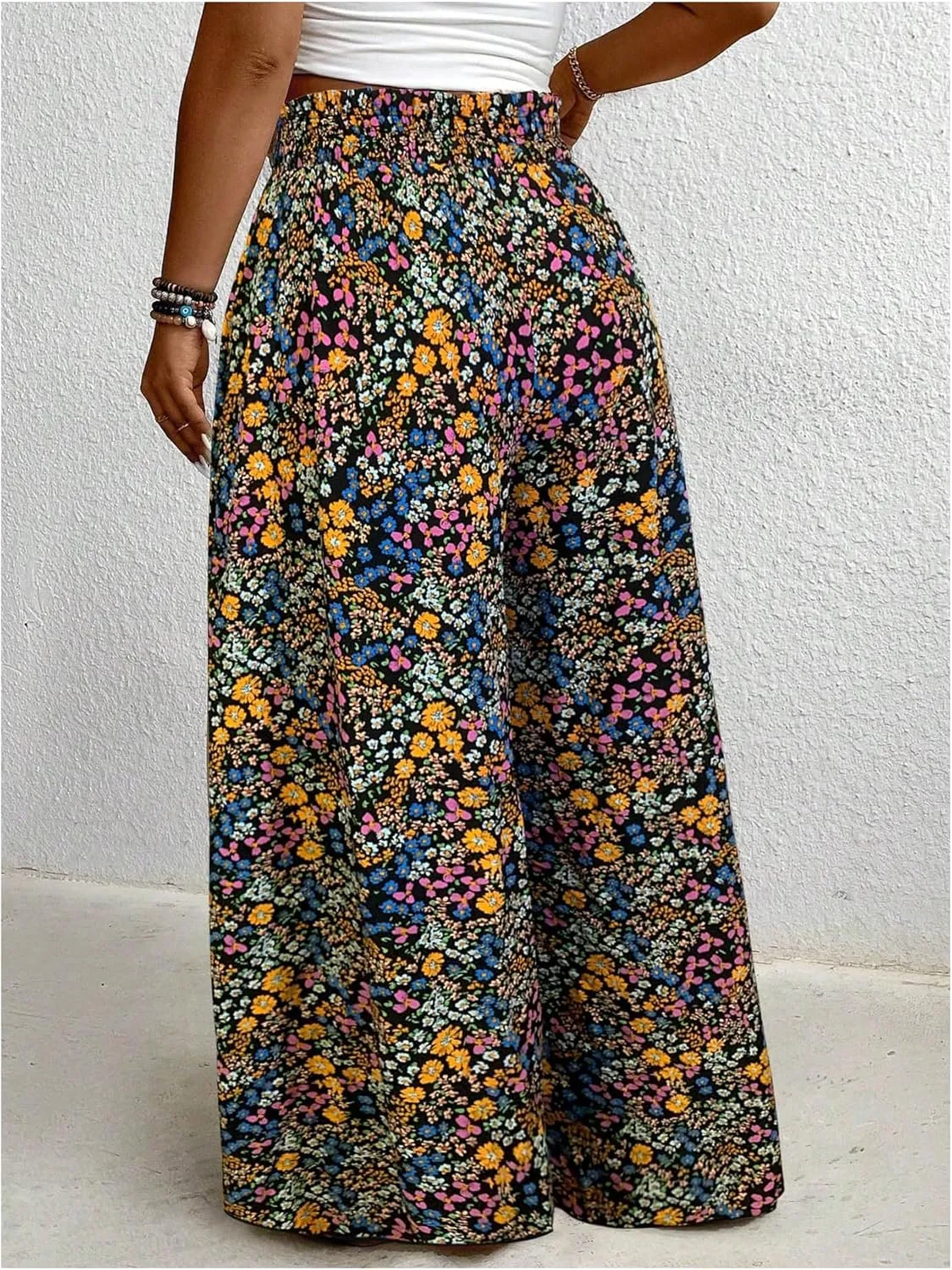 Women's Plus Size Floral Baggy Pants Boho Drawstring Wide Leg Flowy Vacation Palazzo Pants