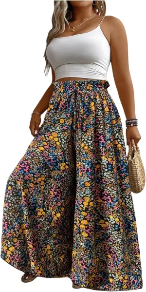 Women's Plus Size Floral Baggy Pants Boho Drawstring Wide Leg Flowy Vacation Palazzo Pants