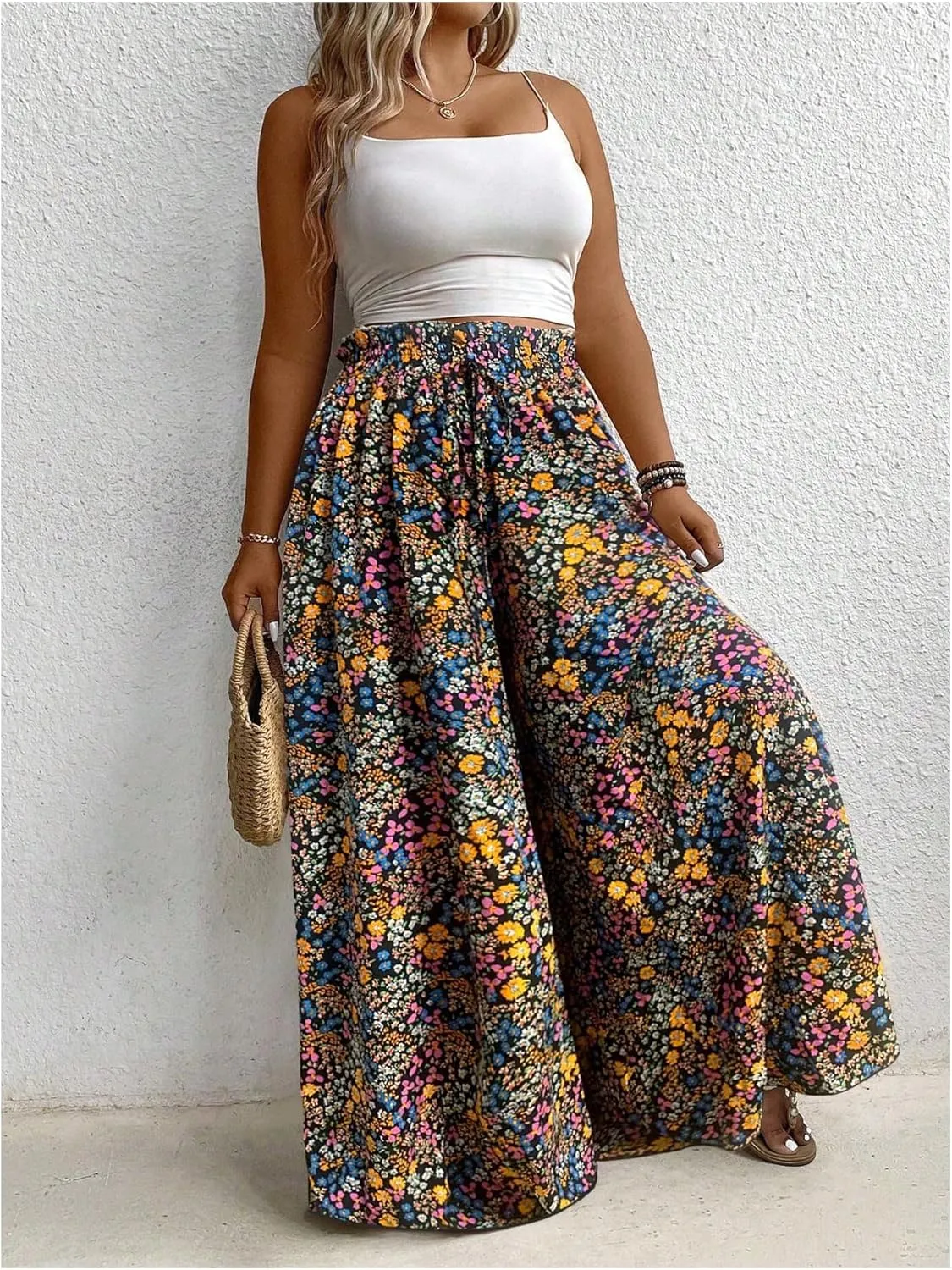 Women's Plus Size Floral Baggy Pants Boho Drawstring Wide Leg Flowy Vacation Palazzo Pants