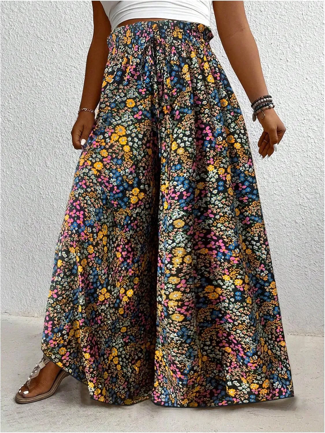 Women's Plus Size Floral Baggy Pants Boho Drawstring Wide Leg Flowy Vacation Palazzo Pants