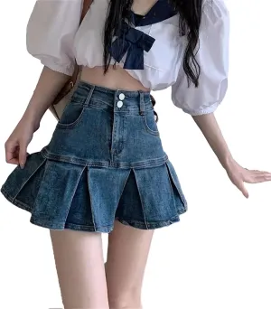 Women's Ruffle Denim Skirt Vintage High Waisted Casual Jeans Skirts Stretch Slim A-Line Skirt