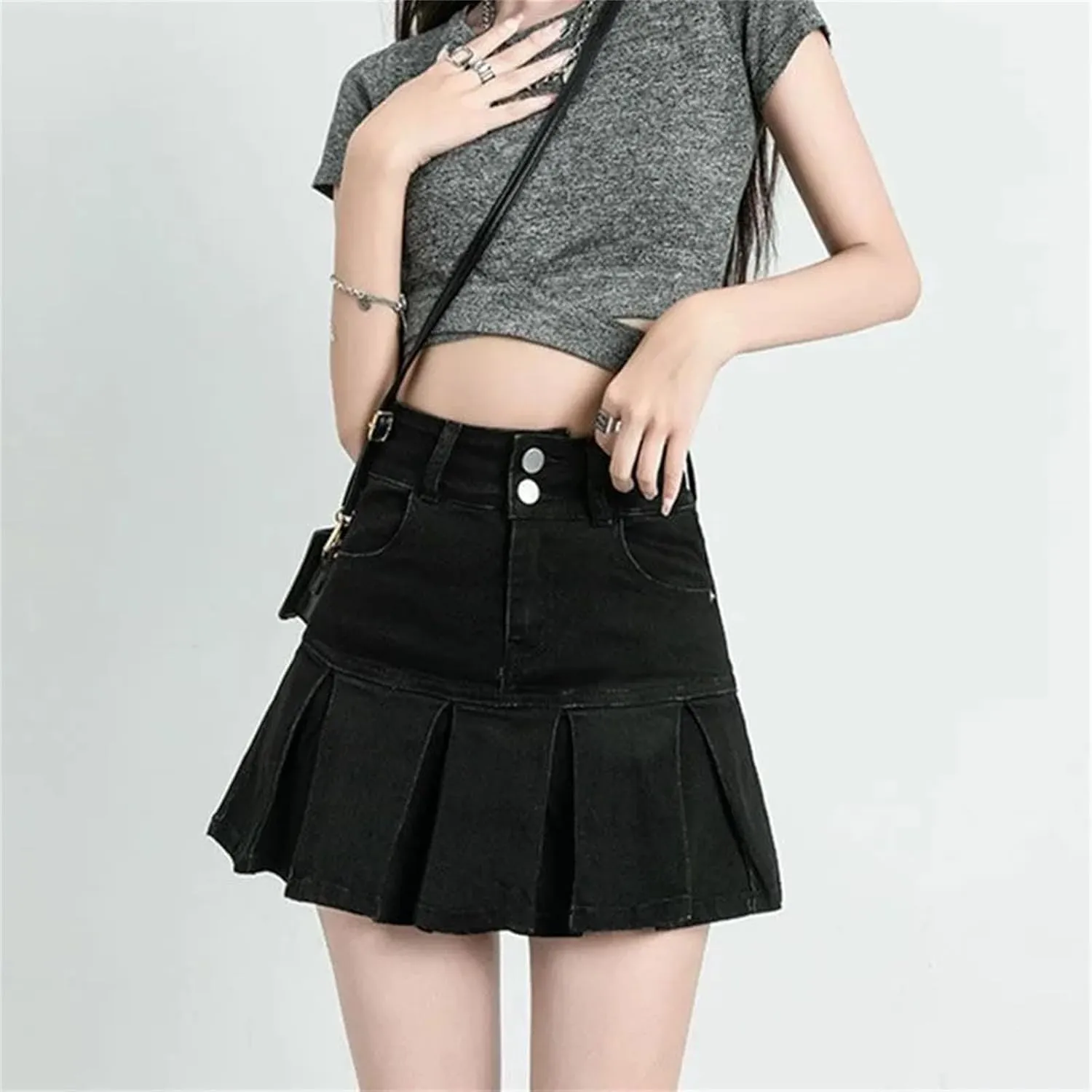 Women's Ruffle Denim Skirt Vintage High Waisted Casual Jeans Skirts Stretch Slim A-Line Skirt