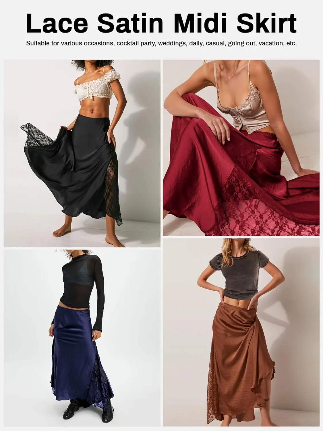 Womens Satin Skirts for Women Elegant A-line Cocktail Long Skirt High Waist Side Split Splicing Lace Midi Skirt
