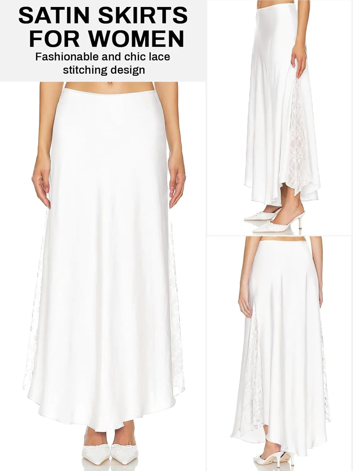 Womens Satin Skirts for Women Elegant A-line Cocktail Long Skirt High Waist Side Split Splicing Lace Midi Skirt