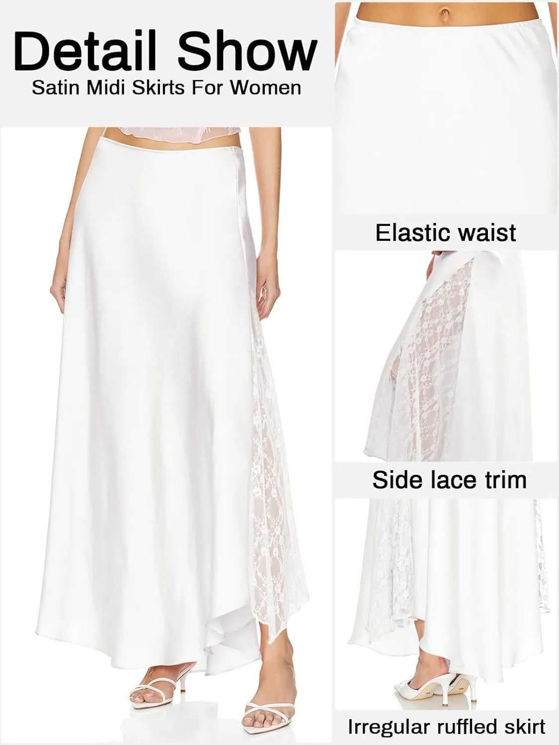 Womens Satin Skirts for Women Elegant A-line Cocktail Long Skirt High Waist Side Split Splicing Lace Midi Skirt
